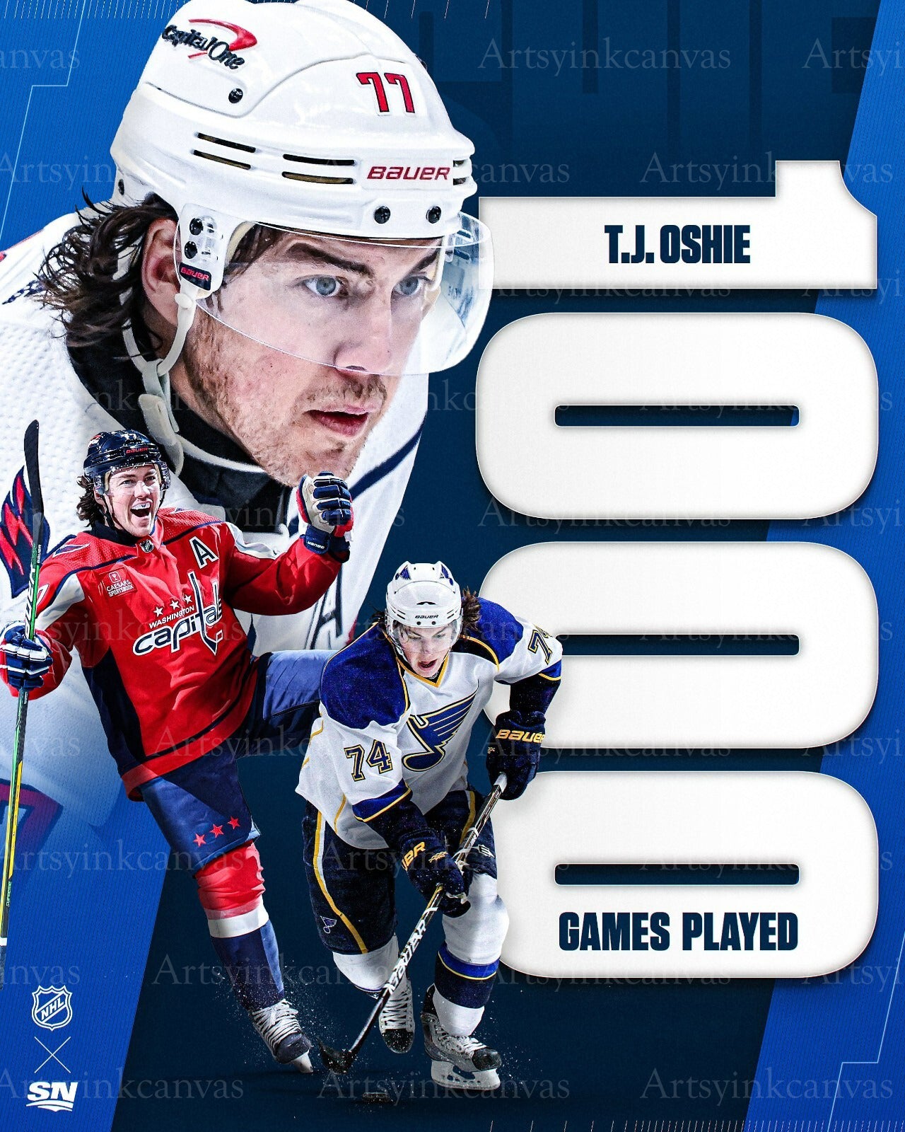 T.J. Oshie 1000 Games Played canvas wall art