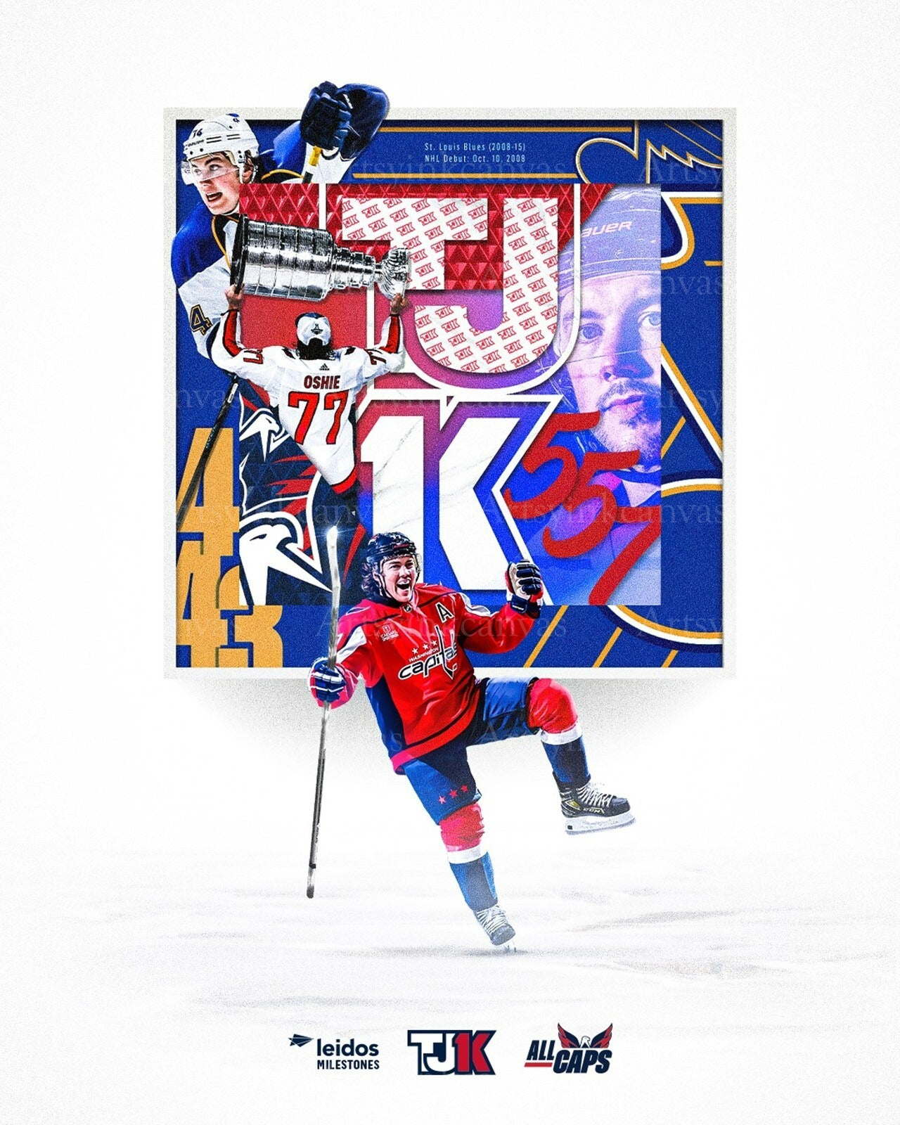 T.J. Oshie 1000 Games Played Collage canvas wall art