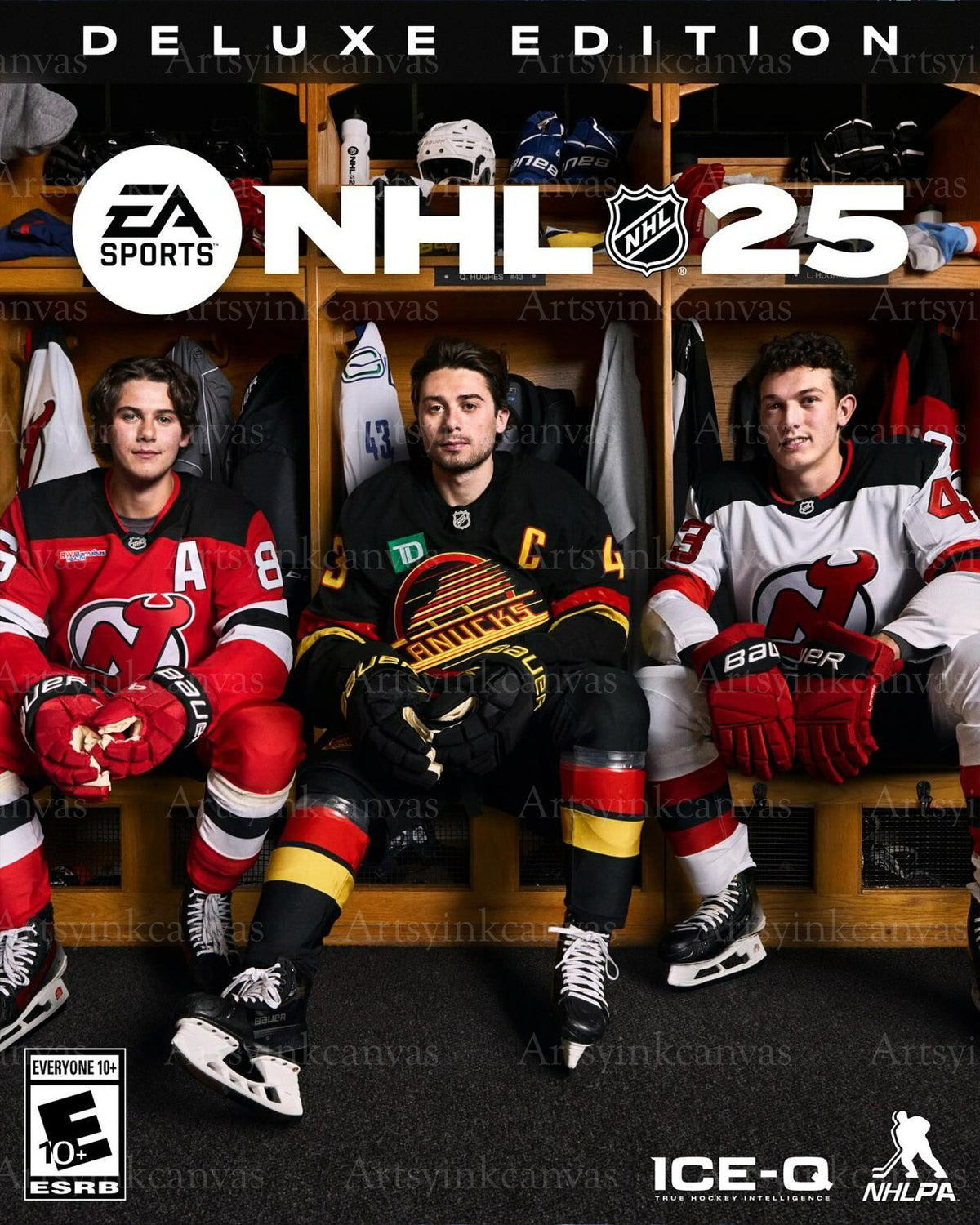 Hughes brothers NHL 25 game cover Devils Canucks canvas wall art