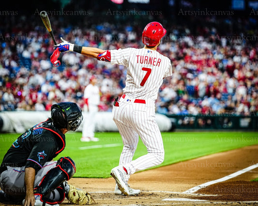 Trea Turner hitting action canvas wall art