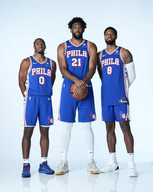 Tyrese Maxey Joel Embiid Paul George posing Philadelphia 76ers canvas wall art