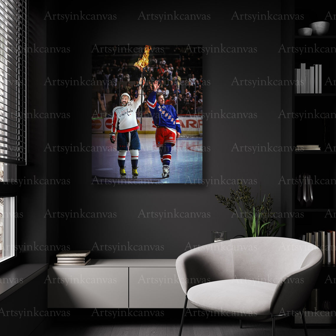 Hockey legends passing torch wall decor