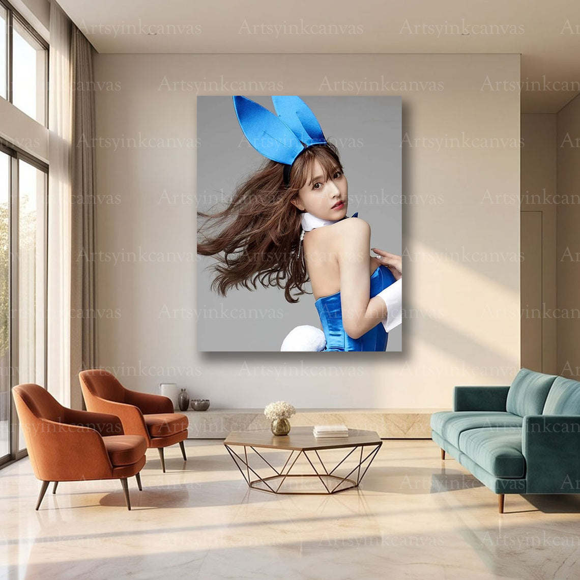 Stylish Yua Mikami blue bunny wall art for entertainment decor