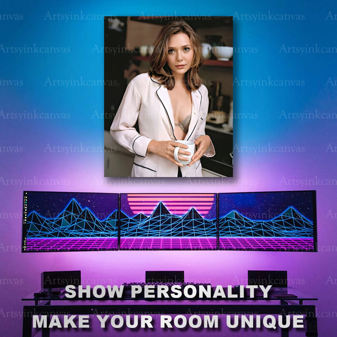 Elegant Elizabeth Olsen cinematic portrait canvas print adding timeless celebrity-inspired style to bedroom, apartment, or loft wall décor.