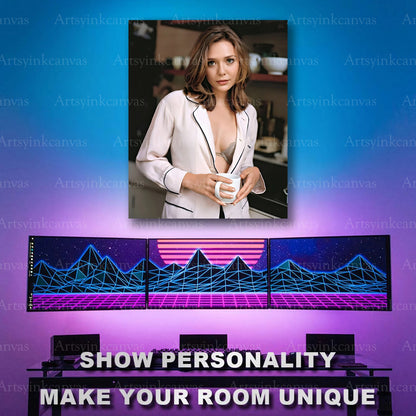 Elegant Elizabeth Olsen cinematic portrait canvas print adding timeless celebrity-inspired style to bedroom, apartment, or loft wall décor.