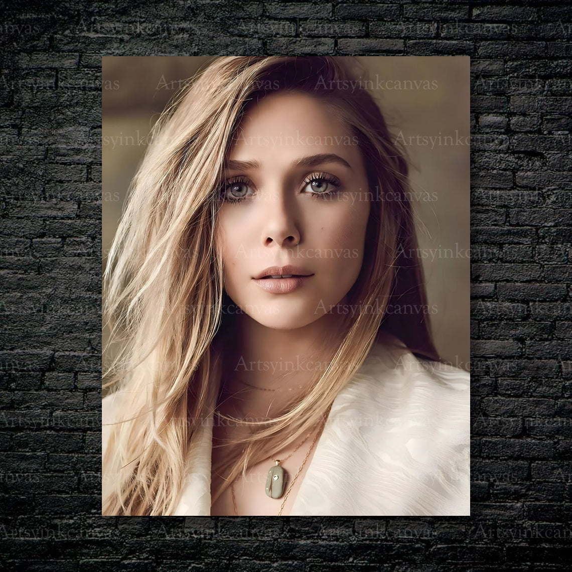 Elizabeth Olsen Signature Elegance canvas wall art bringing cinematic style to a modern USA living room with premium gallery-quality print.