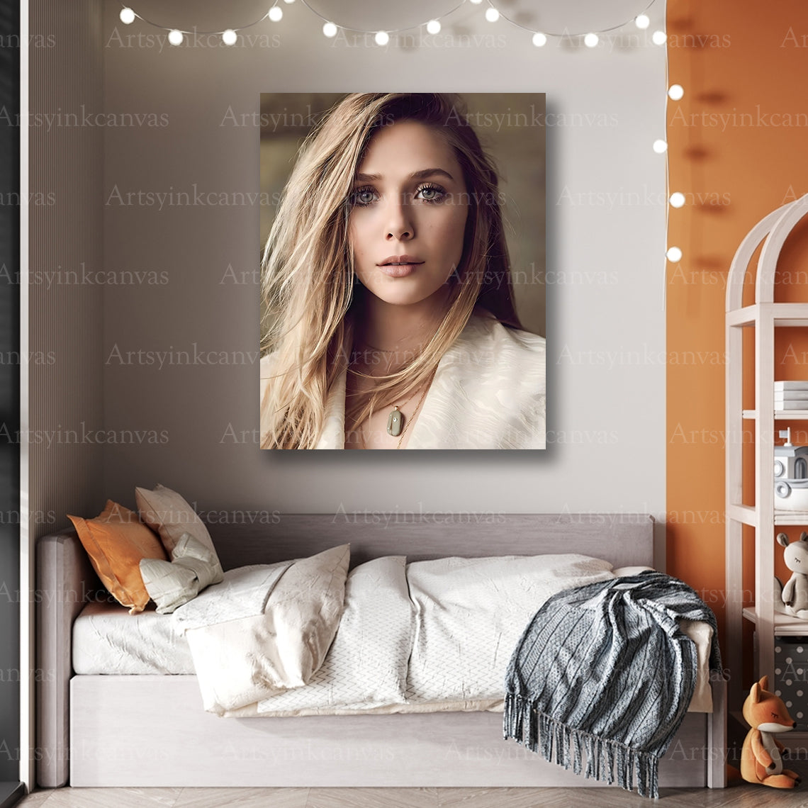 High-quality Elizabeth Olsen Signature Elegance canvas wall art featuring sophisticated portrait styling for living room, hallway, or media room décor.