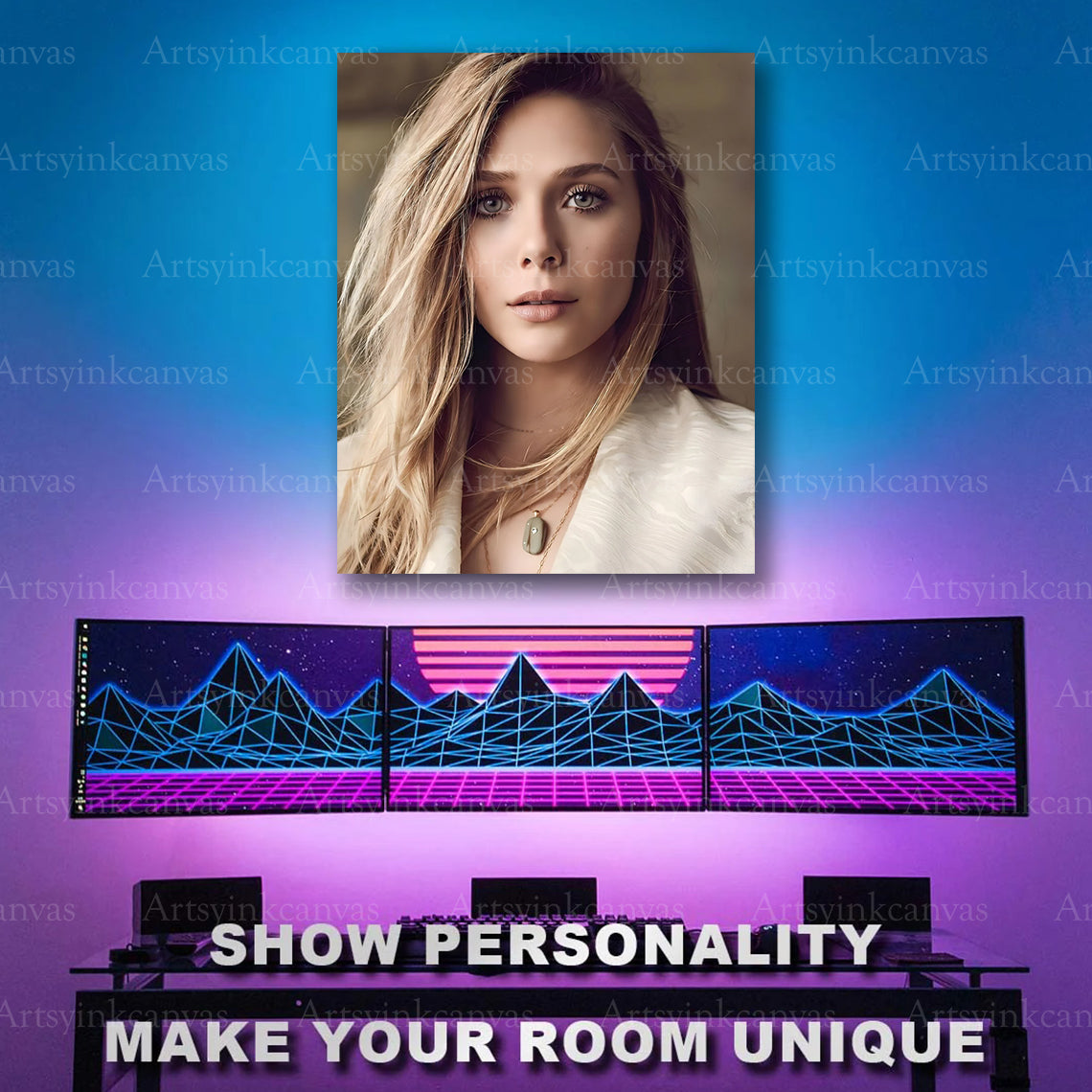 Premium Elizabeth Olsen portrait canvas wall art designed to elevate bedroom décor with elegant Hollywood-inspired artwork and rich detail.